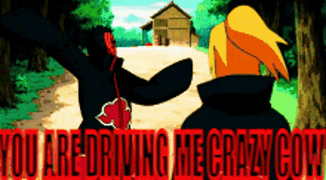 two anime characters are standing next to each other with the words " you are driving me crazy out " on the bottom