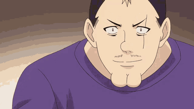 a man in a purple shirt has a very large penis