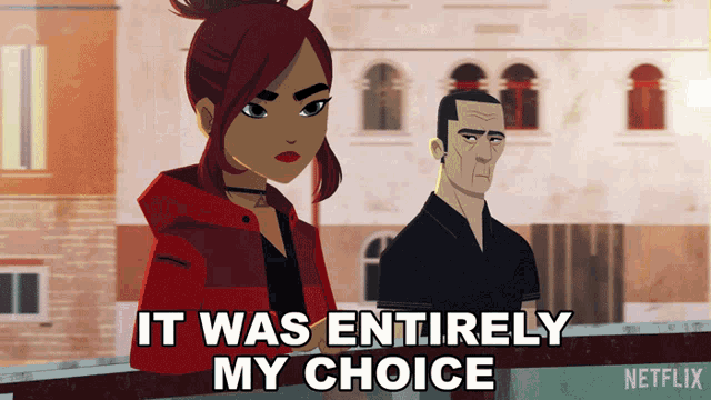 a cartoon of a woman and a man with the words it was entirely my choice
