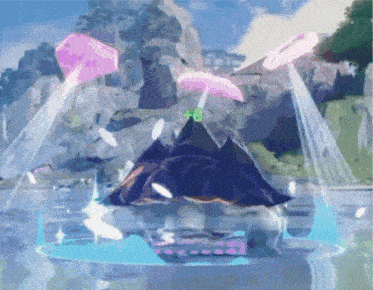 a computer generated image of a landscape with a purple umbrella in the middle