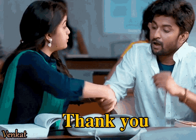 a man and a woman shaking hands with the words thank you on the bottom