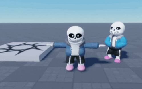 two skeletons are standing next to each other on a grid floor