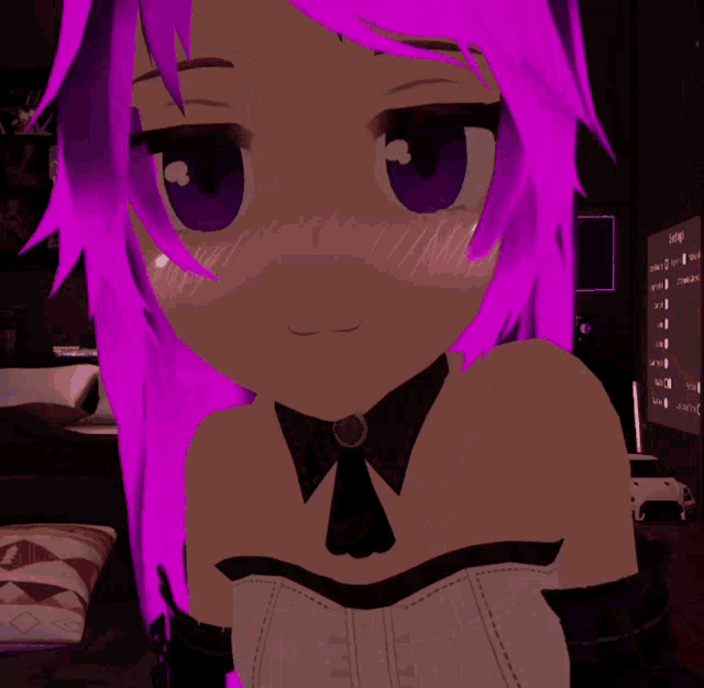 a cartoon girl with purple hair is standing in front of a screen that says ' selfie '