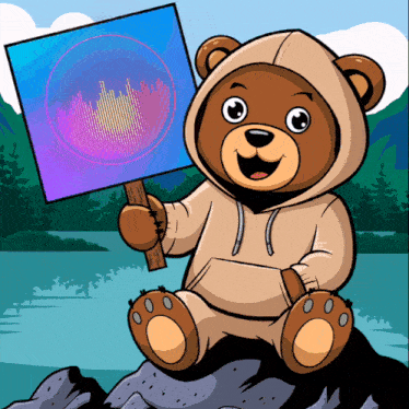 a cartoon teddy bear is holding a sign with a purple circle on it