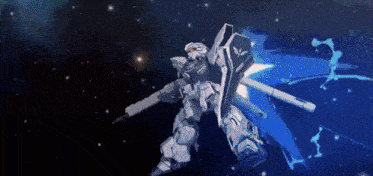 a white robot with a shield and a gun is flying through space