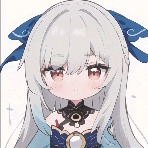 a drawing of a girl with long white hair and a blue bow in her hair