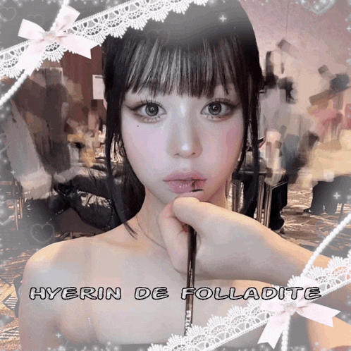 a picture of a girl with hyerin de folladite written on the bottom