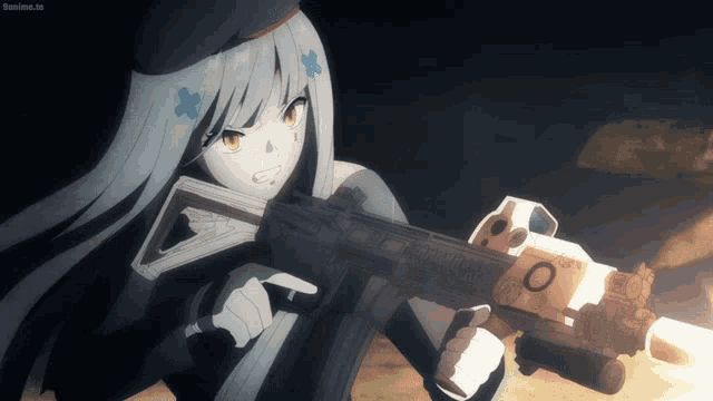 a girl with a blue flower on her head is pointing a gun