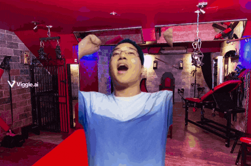 a man with his arms outstretched in a room with a viggle.ai logo on the bottom right