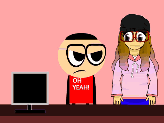 a cartoon character wearing a red oh yeah shirt