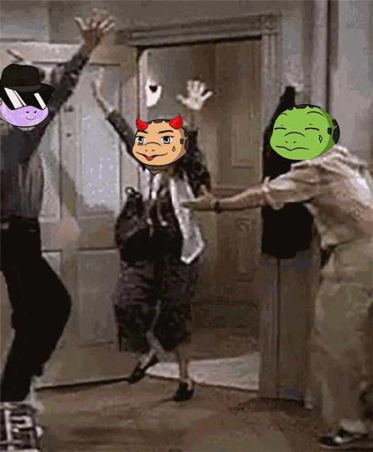 a group of cartoon characters are dancing in front of a doorway