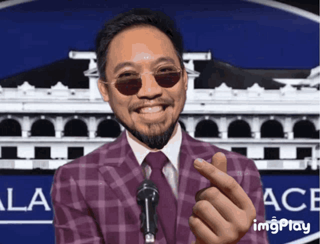 a man wearing sunglasses and a purple suit stands in front of a sign that says imgplay