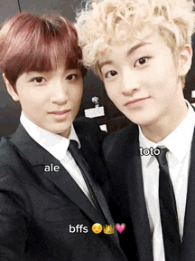two men in suits and ties are posing for a picture with the words ale toto bffs written on the bottom