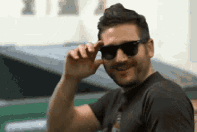 a man wearing sunglasses and a black shirt smiles for the camera