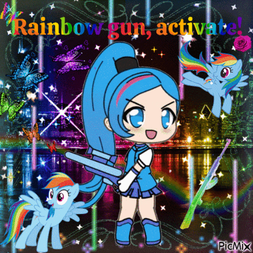 a picture of a girl holding a gun with the words rainbow gun activated