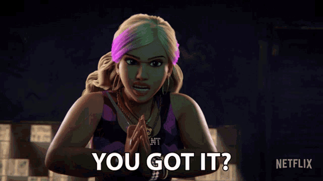 a cartoon girl with purple hair is saying you got it