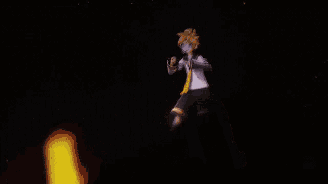 a cartoon character wearing black shorts and a yellow tie is dancing on a stage .