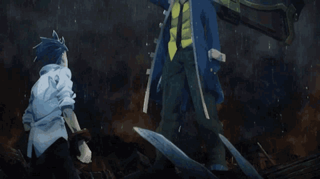 a man in a blue coat stands next to a man in a white shirt