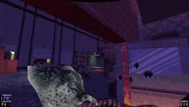 a screenshot of a video game shows a seal in a warehouse with morals and health displayed on the screen