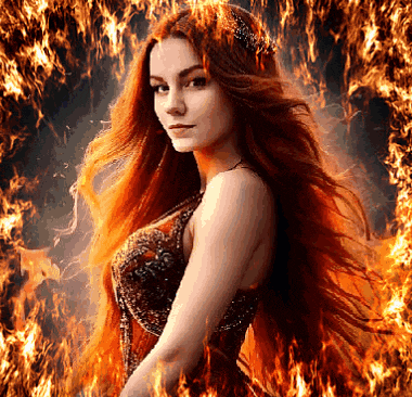 a woman with long red hair is surrounded by flames and fire