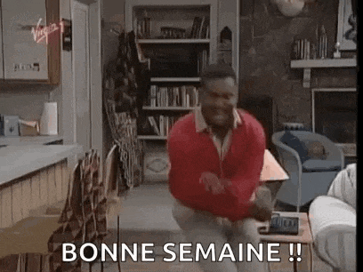 a man is dancing in a living room with the words `` bonne semaine '' .