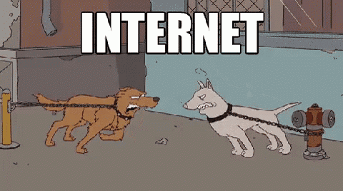 a cartoon of two dogs chained to a fire hydrant with the word internet written above them
