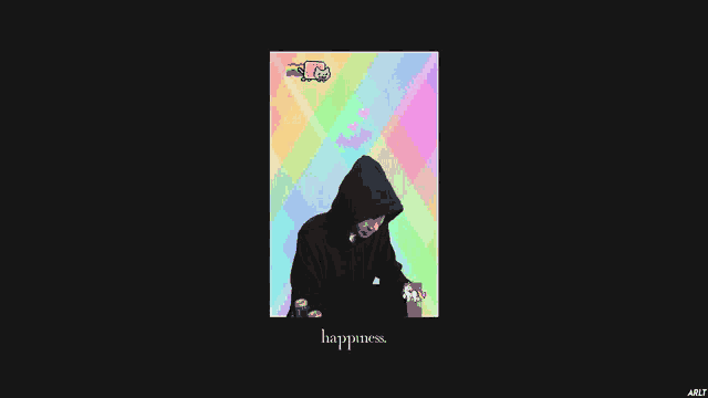 a picture of a man in a hoodie with the word happiness written below him