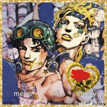 a picture of a man and a woman from jojo 's bizarre adventure with the words metis < 3 emmy