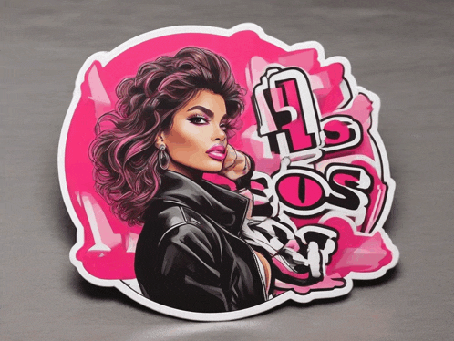 a sticker with a woman in a leather jacket and a pink background that says ' a.b. sos '