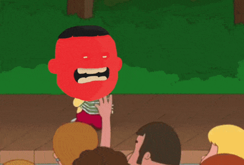 a group of cartoon characters with red faces are standing next to each other