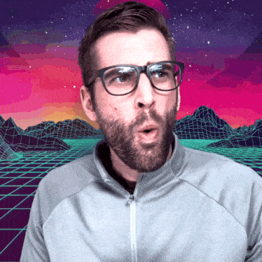 a man with glasses and a beard is making a funny face