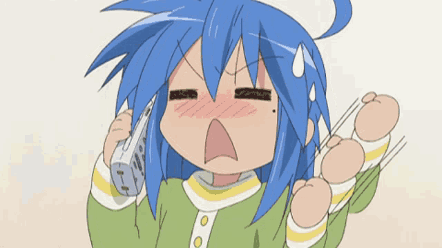 a cartoon character with blue hair is talking on a phone