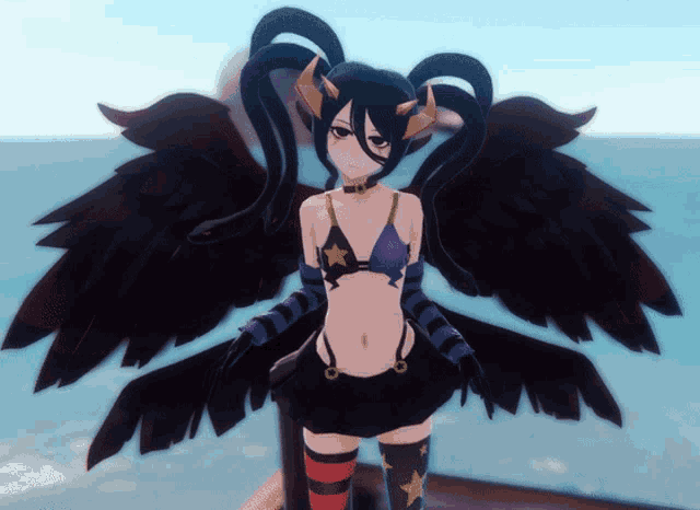 a girl with horns and wings is wearing a bikini top