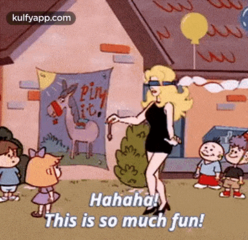 a woman in a black dress is standing in front of a group of children and laughing .