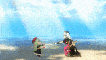 a woman holding a guitar stands next to a little girl with green hair