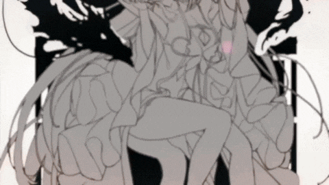 a drawing of a woman sitting on a chair with a butterfly on her head .