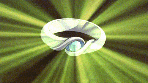 a white ring with a blue stone in the center is surrounded by green rays