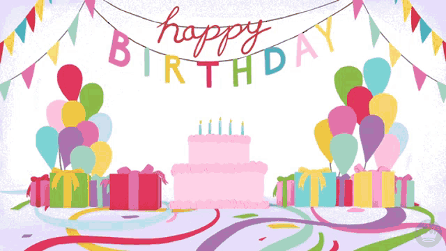 a happy birthday banner hangs over a cake and gifts