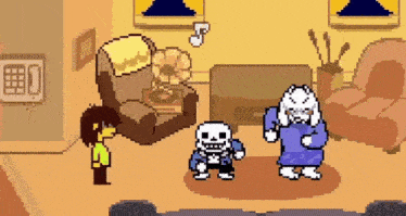 a pixel art illustration of a living room with a couch , chairs , a record player and a skeleton .