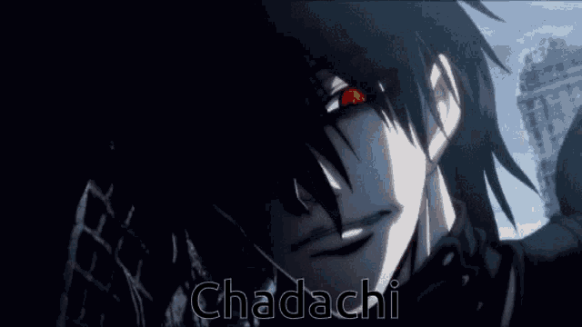 a close up of a person 's face with the word chadachi written on the bottom