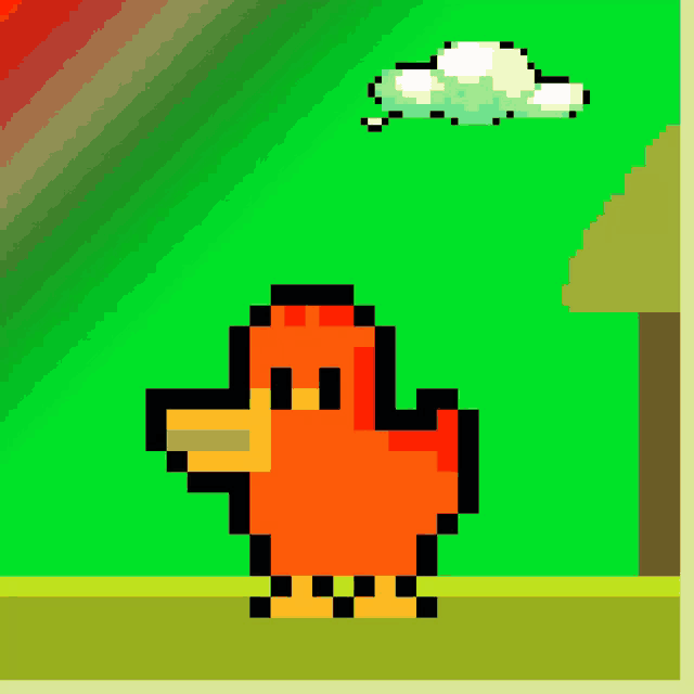a pixel art of an orange duck with a cloud in the sky