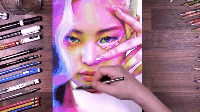 a person is drawing a woman 's face with a marker that says ' prismacolor ' on it