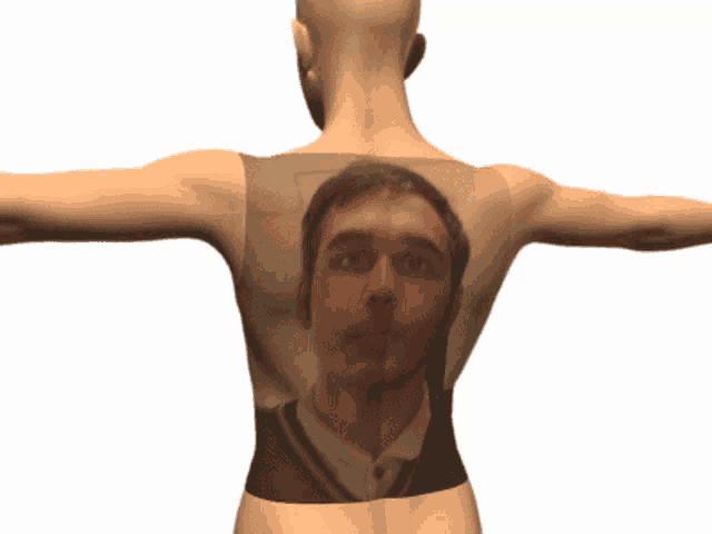 a man has a picture of himself on his back