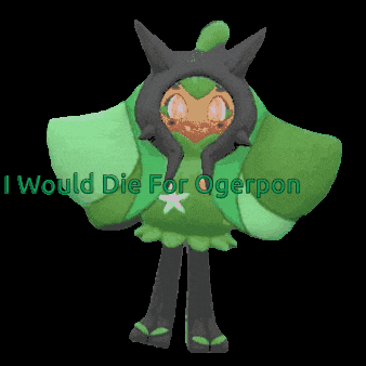 a cartoon character with the words i would die for ogerpon