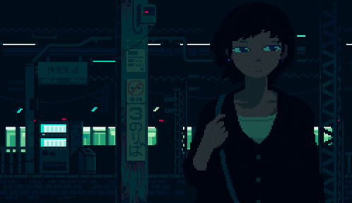 a pixel art of a woman holding an umbrella