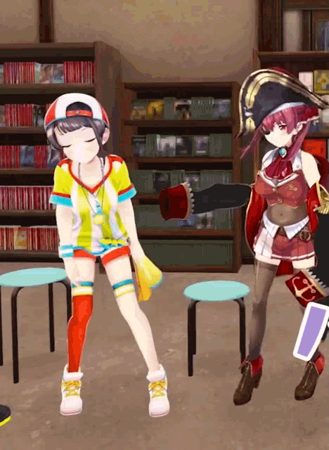 a girl in a pirate outfit is standing next to a girl in a baseball cap