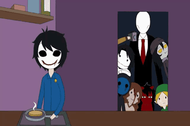 a cartoon of a boy cooking pancakes with a picture of slender man in the background