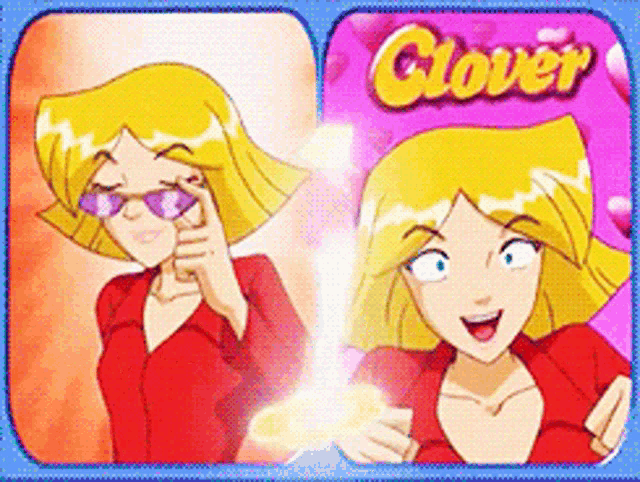 a cartoon character with the name clover on the bottom