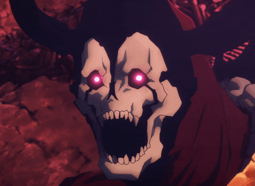 a skeleton with horns and red eyes is wearing a red scarf