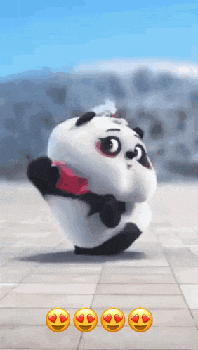a cartoon panda bear is holding a red heart in his hands